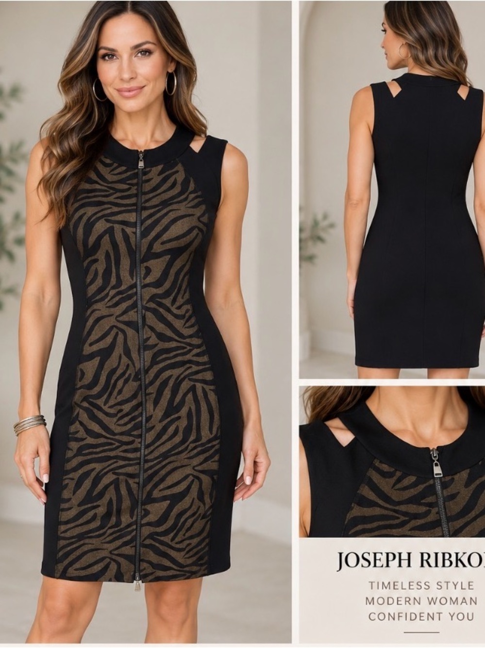 Joseph Ribkoff Black & Brown Zebra-Print Midi Sheath Dress